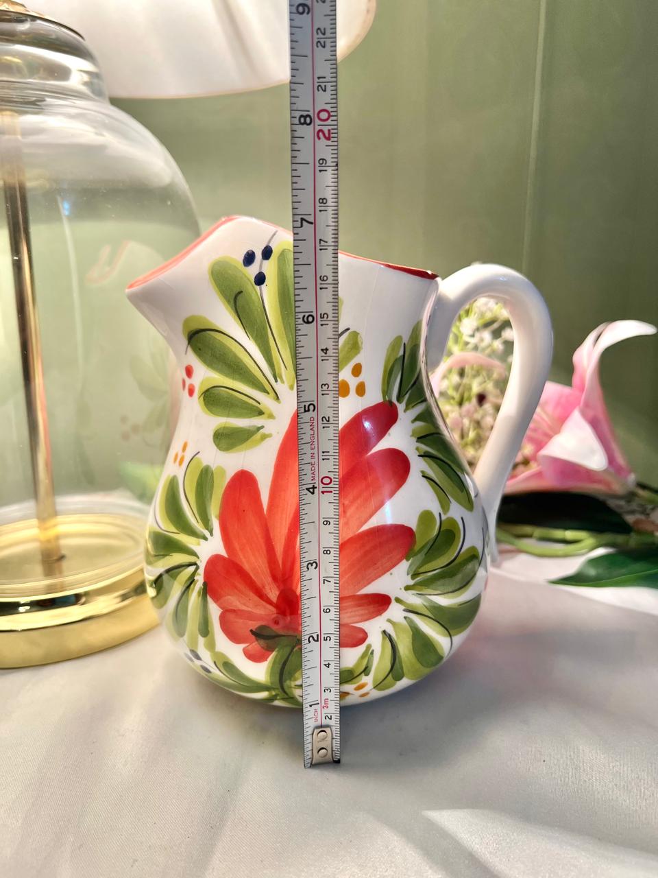 Hand Painted Floral Ceramic Jug, Red & Green, 1-Piece, Approx. 7 in