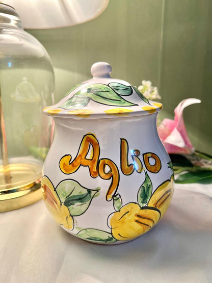 Hand Painted Floral Fruit Large Ceramic Lidded Jar, Yellow & Green, Approx. 7 in