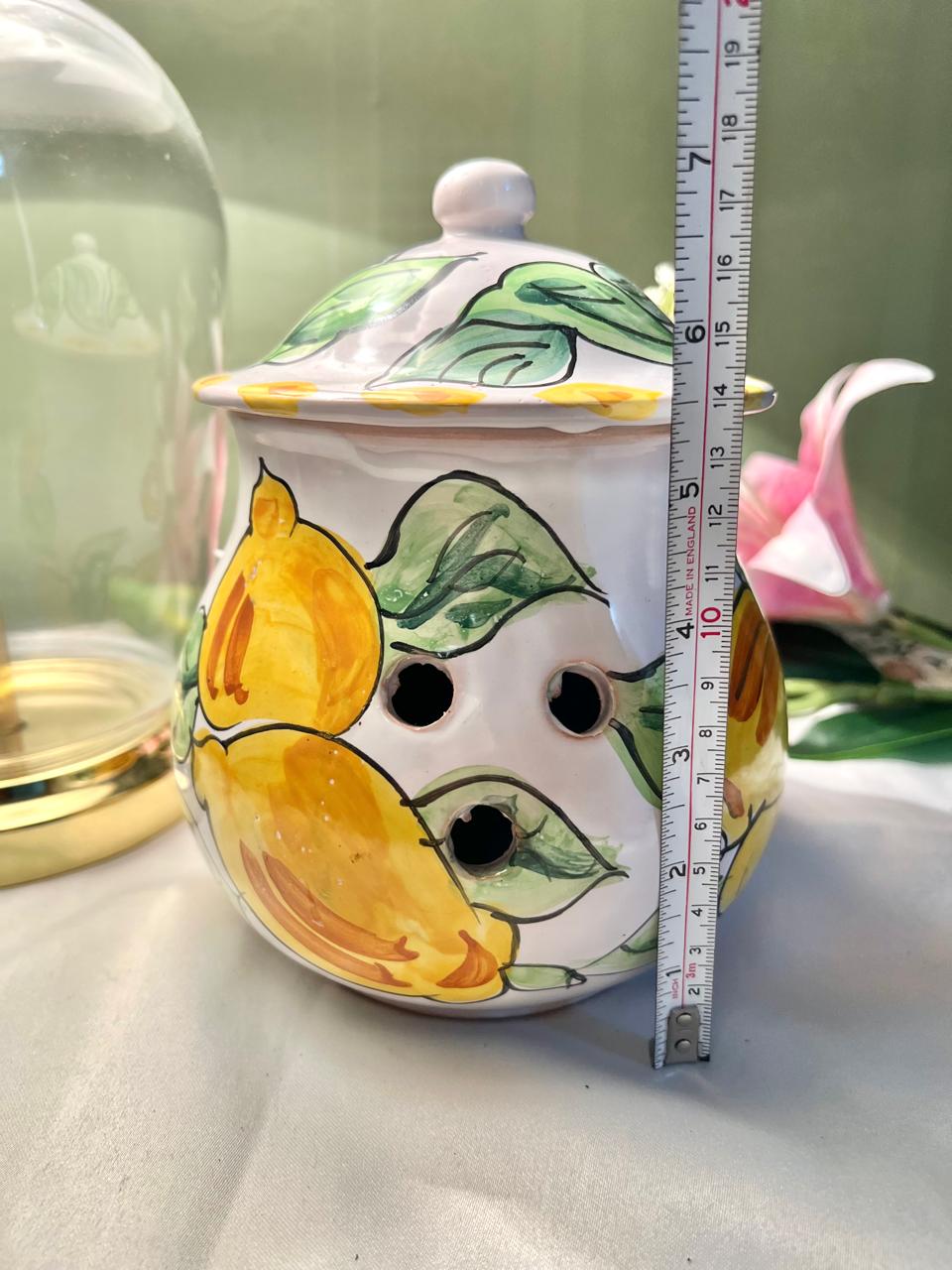 Hand Painted Floral Fruit Large Ceramic Lidded Jar, Yellow & Green, Approx. 7 in