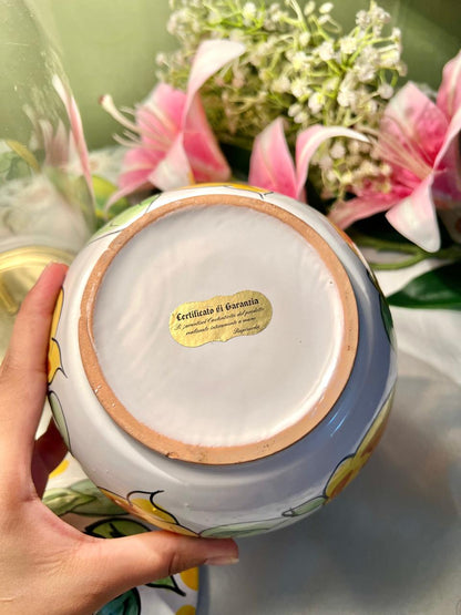 Hand Painted Floral Fruit Large Ceramic Lidded Jar, Yellow & Green, Approx. 7 in