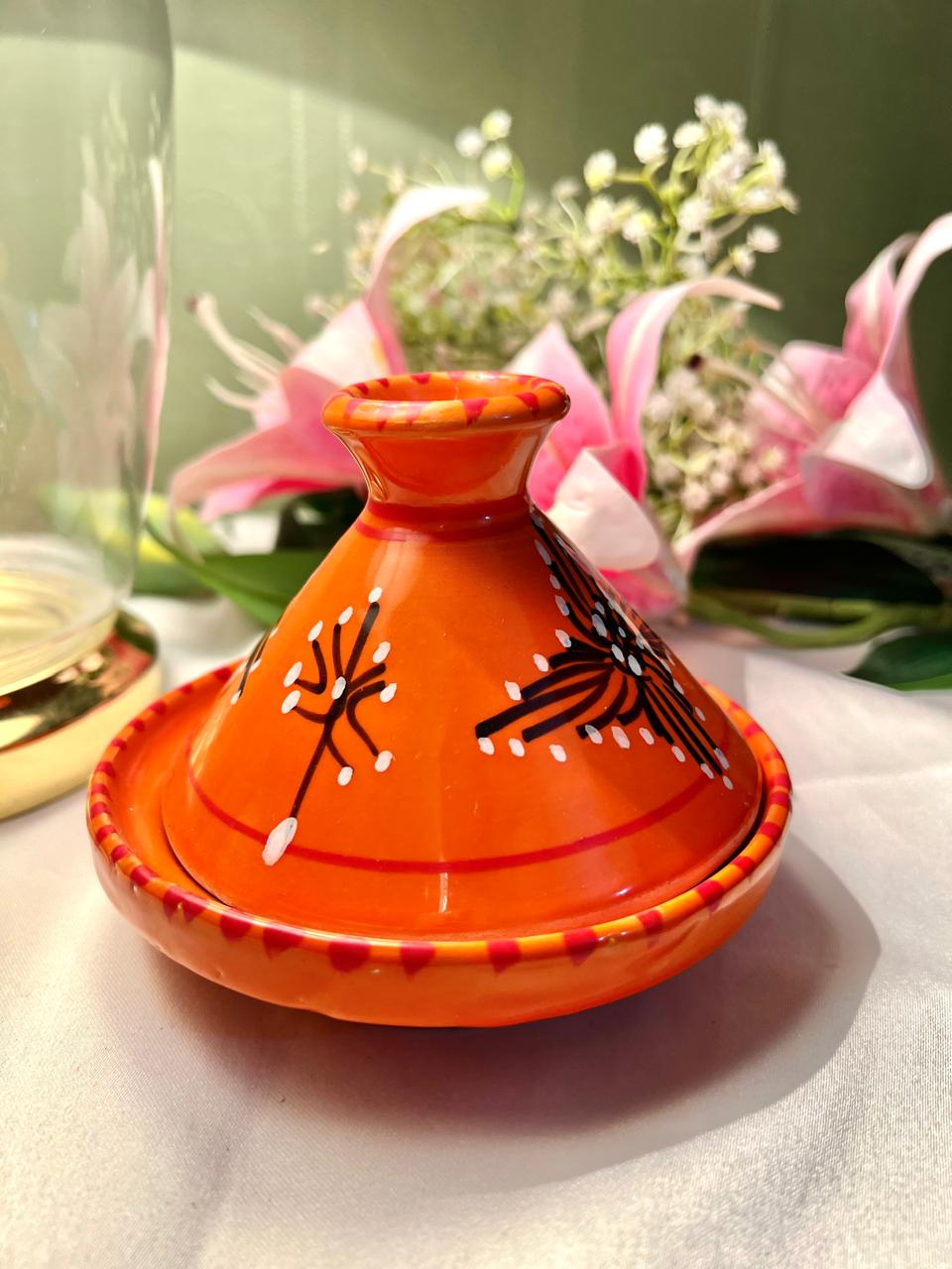Hand Painted Orange Ceramic Tagine-Style Serving Dish, 2-Piece, 5 in