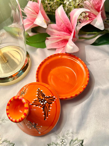 Hand Painted Orange Ceramic Tagine-Style Serving Dish, 2-Piece, 5 in