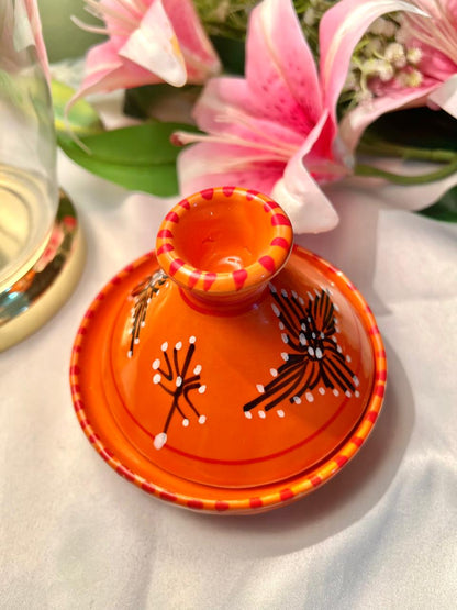 Hand Painted Orange Ceramic Tagine-Style Serving Dish, 2-Piece, 5 in