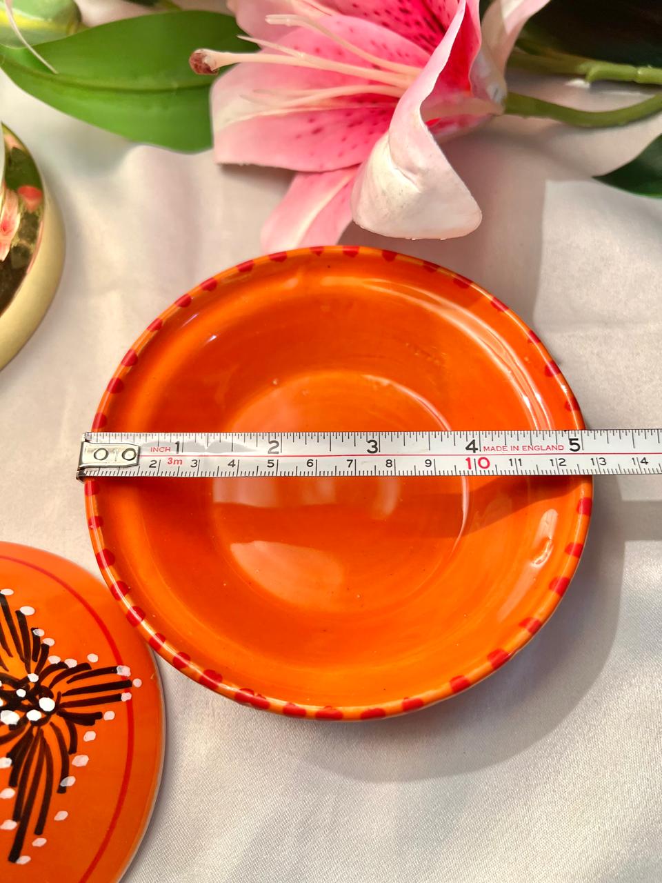 Hand Painted Orange Ceramic Tagine-Style Serving Dish, 2-Piece, 5 in