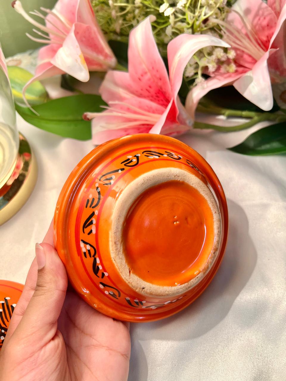 Hand Painted Orange Ceramic Tagine-Style Serving Dish, 2-Piece, 5 in