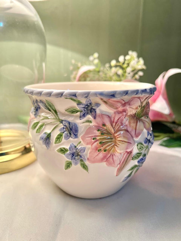 Hand Painted Floral Large Ceramic Planter, Pink & Blue, 1-Piece, Approx. 5 in