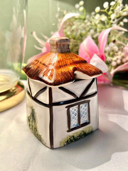 Hand Painted Cottage-Shaped Ceramic Lidded Jar, 2-Piece, Approx. 4.5 in