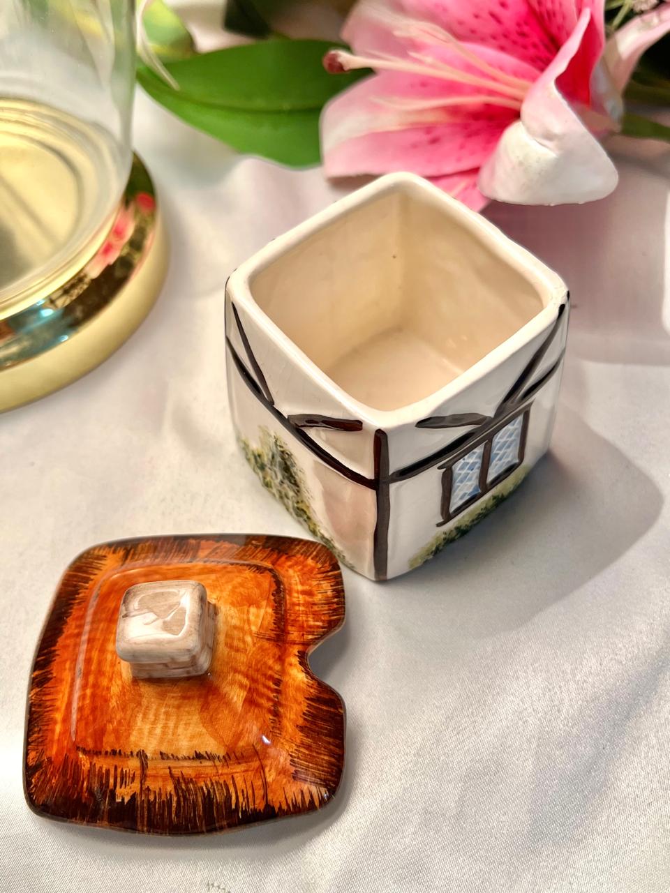 Hand Painted Cottage-Shaped Ceramic Lidded Jar, 2-Piece, Approx. 4.5 in