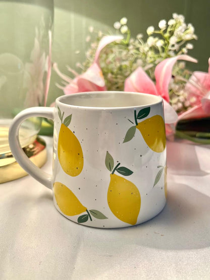 Hand Painted Lemon Print Ceramic Mug, Yellow & Green, 1-Piece, Approx. 4 in