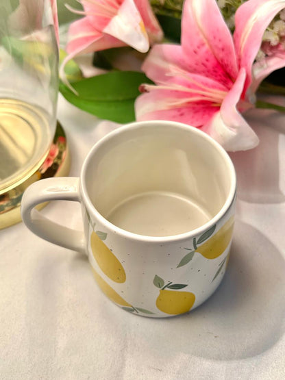 Hand Painted Lemon Print Ceramic Mug, Yellow & Green, 1-Piece, Approx. 4 in