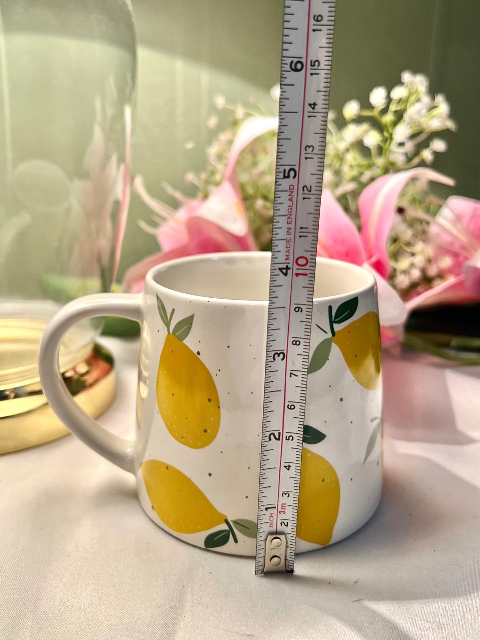 Hand Painted Lemon Print Ceramic Mug, Yellow & Green, 1-Piece, Approx. 4 in