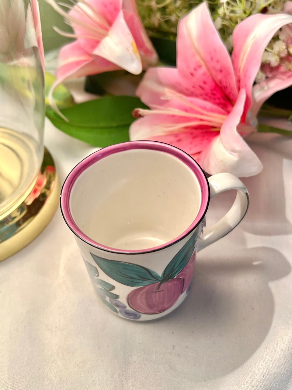 Hand Painted Floral Ceramic Mug, Purple Teal & White, 1-Piece, Approx. 3.5 in
