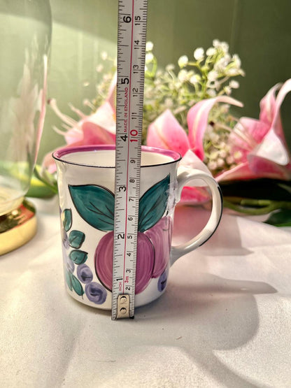 Hand Painted Floral Ceramic Mug, Purple Teal & White, 1-Piece, Approx. 3.5 in
