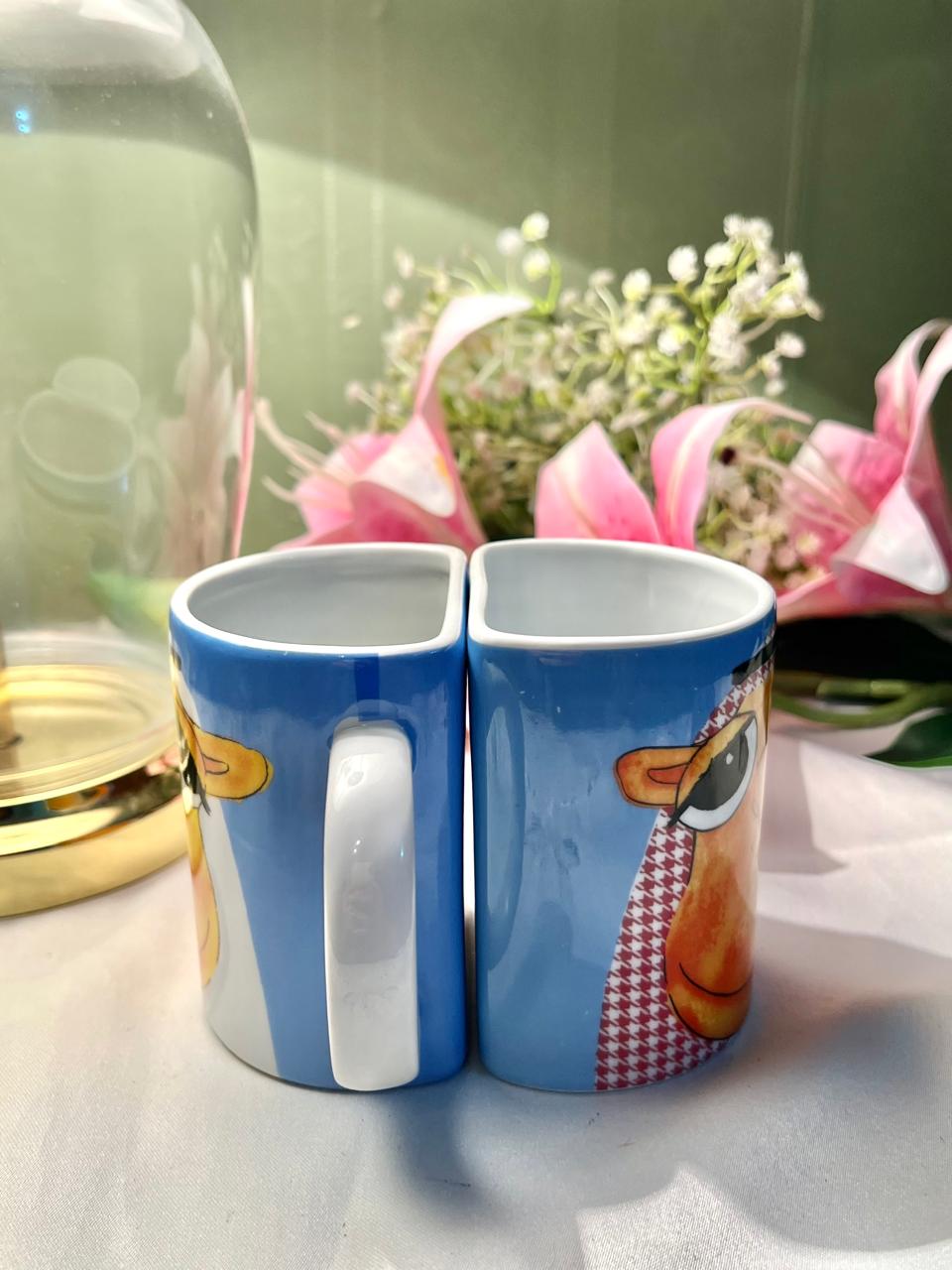 Hand Painted Dubai Camel Ceramic Mug Set, Blue & Orange, 2-Piece, 4 in