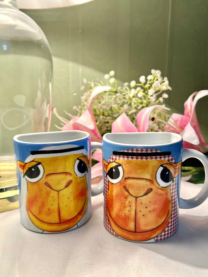 Hand Painted Dubai Camel Ceramic Mug Set, Blue & Orange, 2-Piece, 4 in