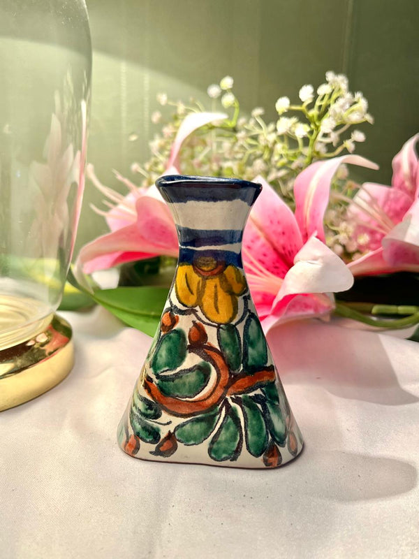Hand Painted Mexico Floral Ceramic Bud Vase, Green Blue & Orange, Approx. 4.5 in