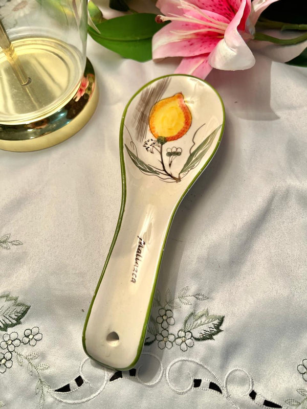Hand Painted Botanical Ceramic Spoon Rest, Green & Orange, 1-Piece, 10 in
