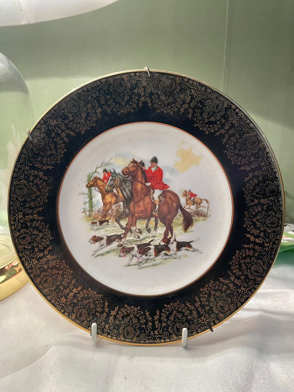 Equestrian Hunt Scene Decorative Plate, Black & Gold, Approx. 8 in