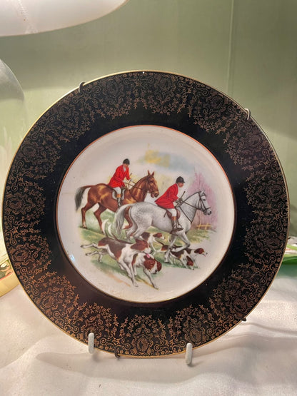 Equestrian Hunt Scene Decorative Plate, Black & Gold, 7.5 in