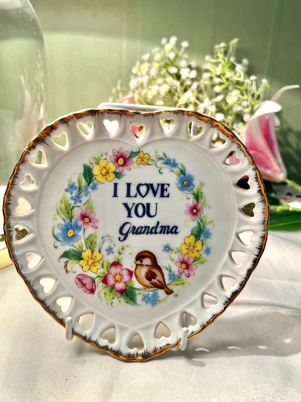 Made in Japan I Love You Grandma Floral Wall Plate Cutwork 5.5 in