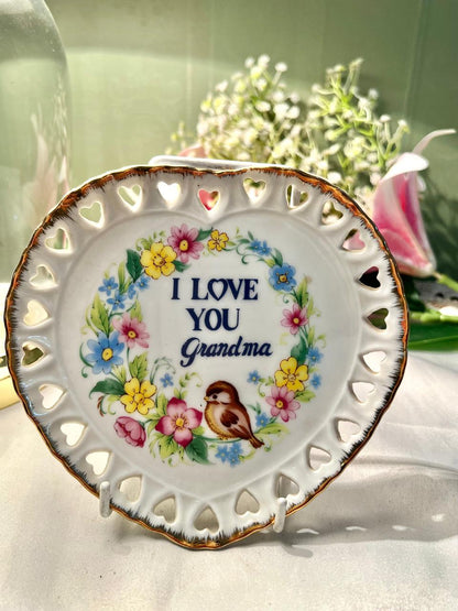 Made in Japan I Love You Grandma Floral Wall Plate Cutwork 5.5 in