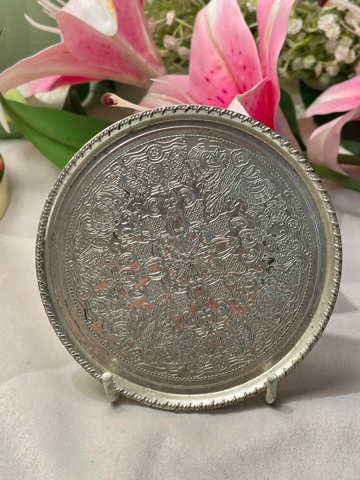 Queen Anne Silver Embossed Metal Coaster, 1-Piece, Approx. 3.75 in