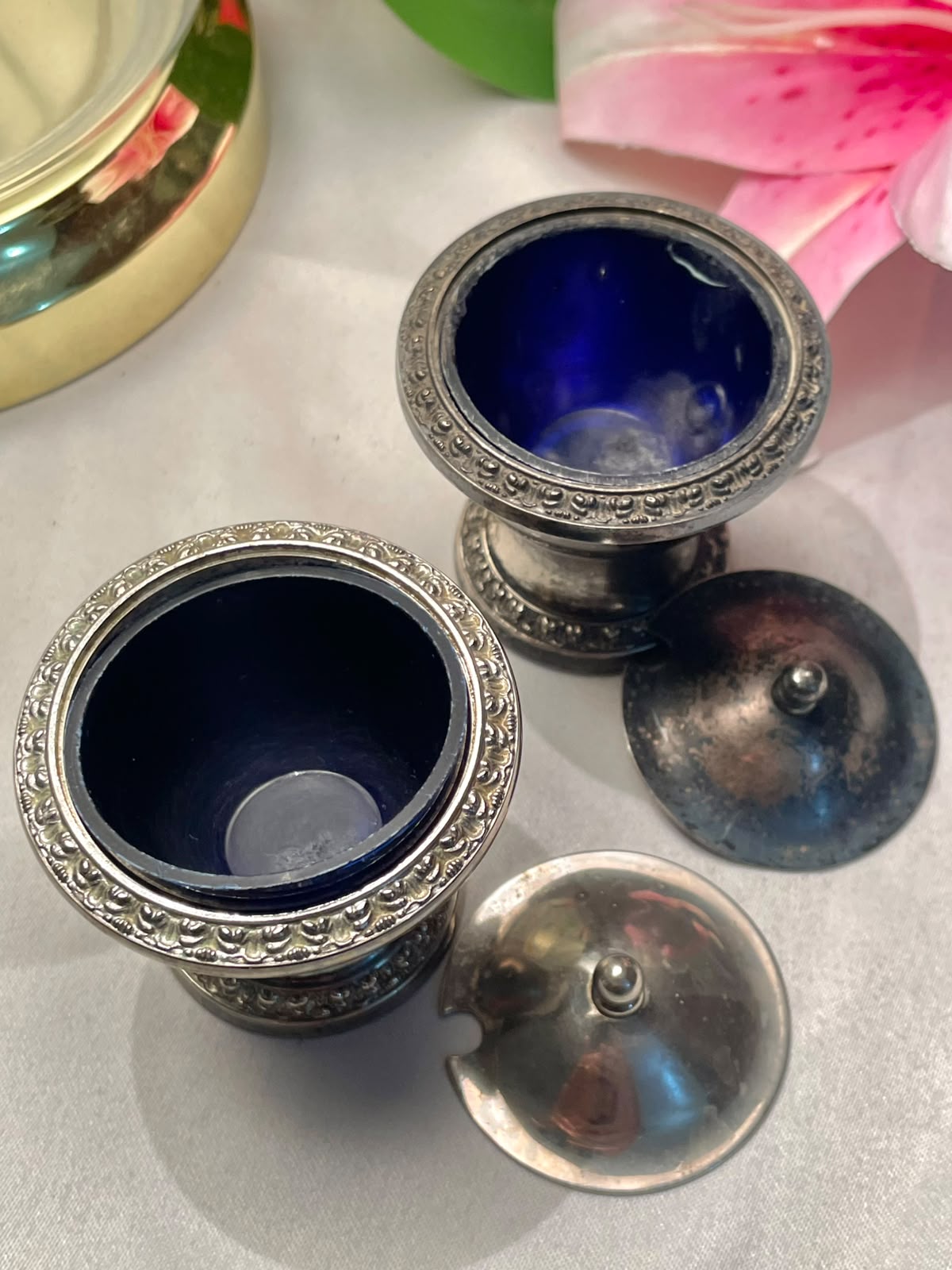 Silver-Tone Condiment Pots with Blue Crystal Liners (each)