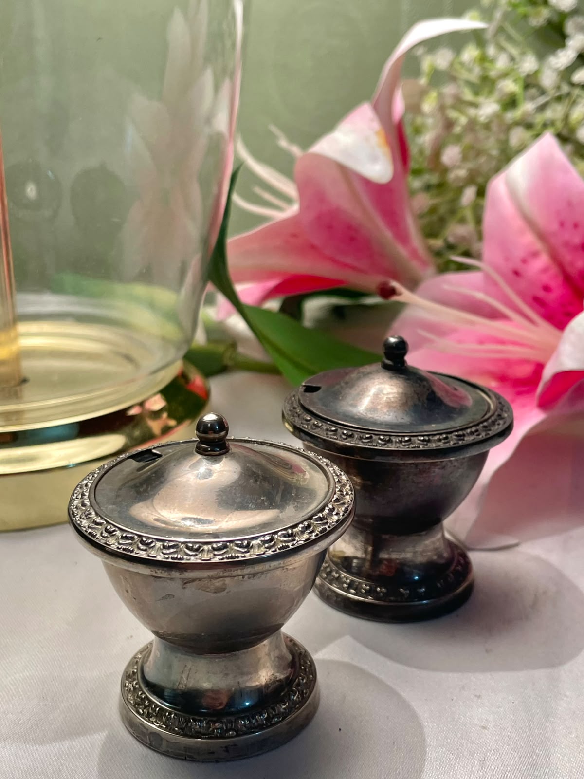 Silver-Tone Condiment Pots with Blue Crystal Liners (each)