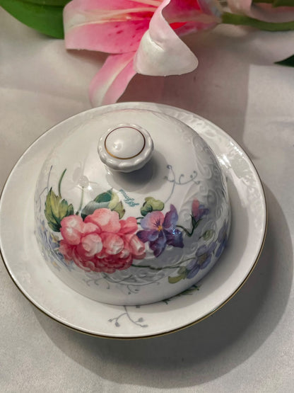 Crown Staffordshire Floral Bone China Butter Dish 5 in