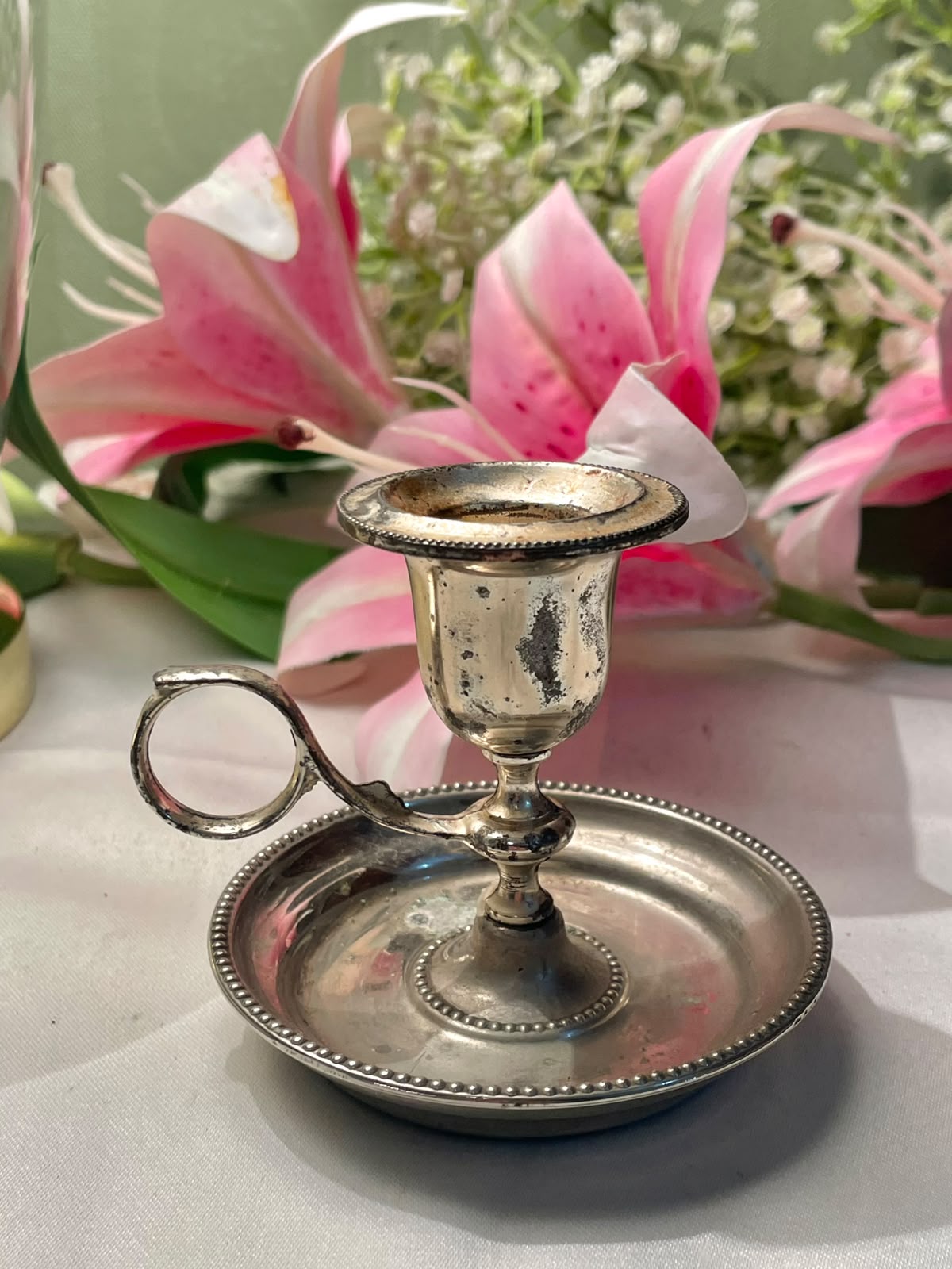 Vintage Silver-Tone Chamberstick Candle Holder 3.5 in