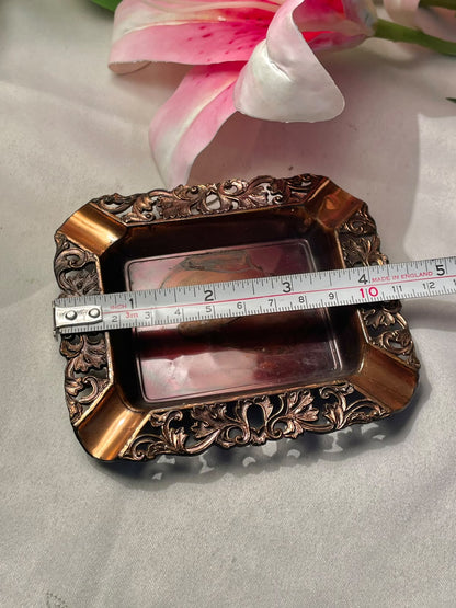 Vintage Copper-Tone Ornate Metal Ashtray 4.5 in