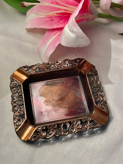 Vintage Copper-Tone Ornate Metal Ashtray 4.5 in