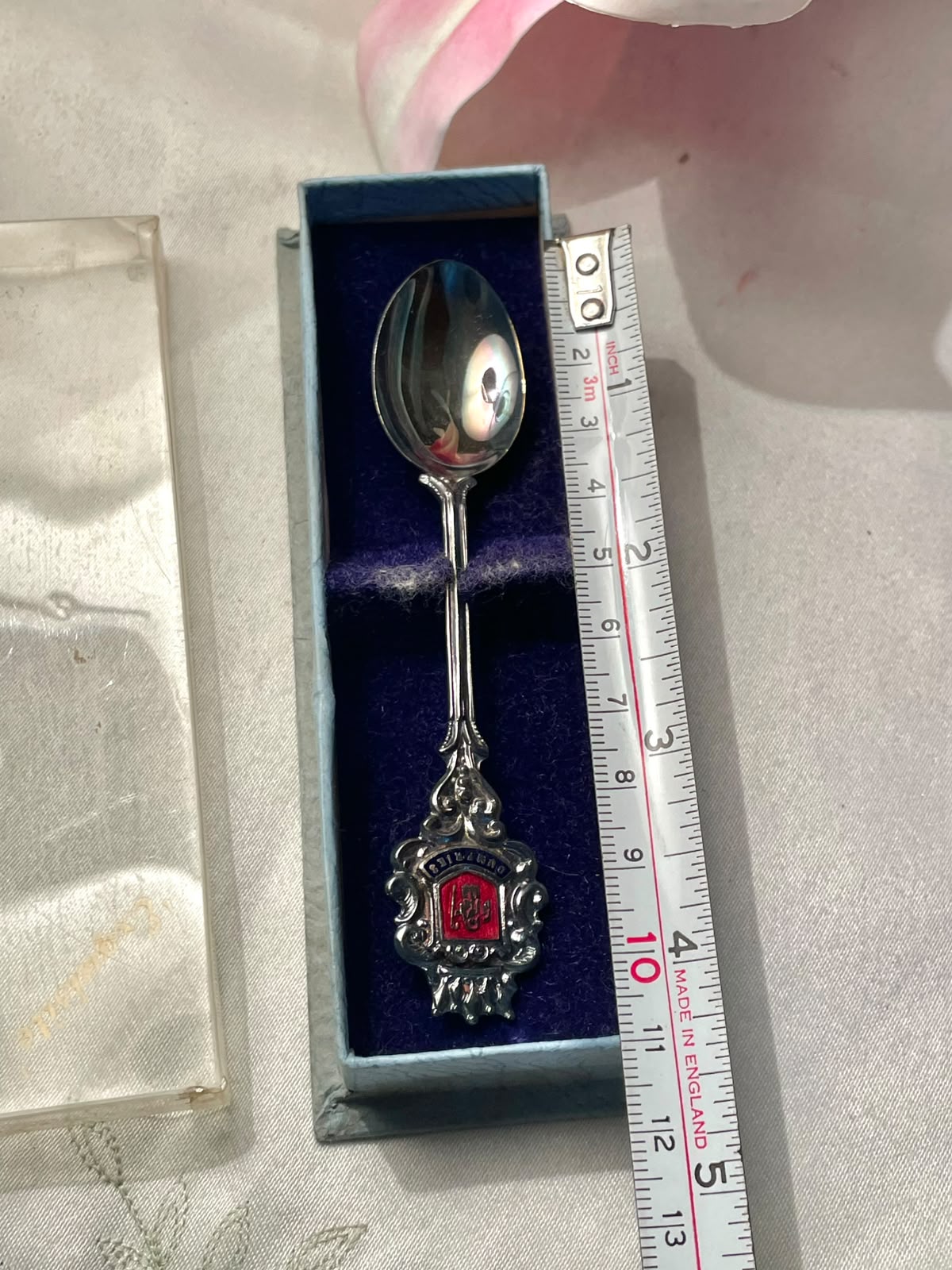 Toledo Spain Silver-Tone Souvenir Spoon with Red Enamel Crest & Box 4.3 in