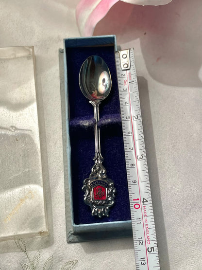 Toledo Spain Silver-Tone Souvenir Spoon with Red Enamel Crest & Box 4.3 in