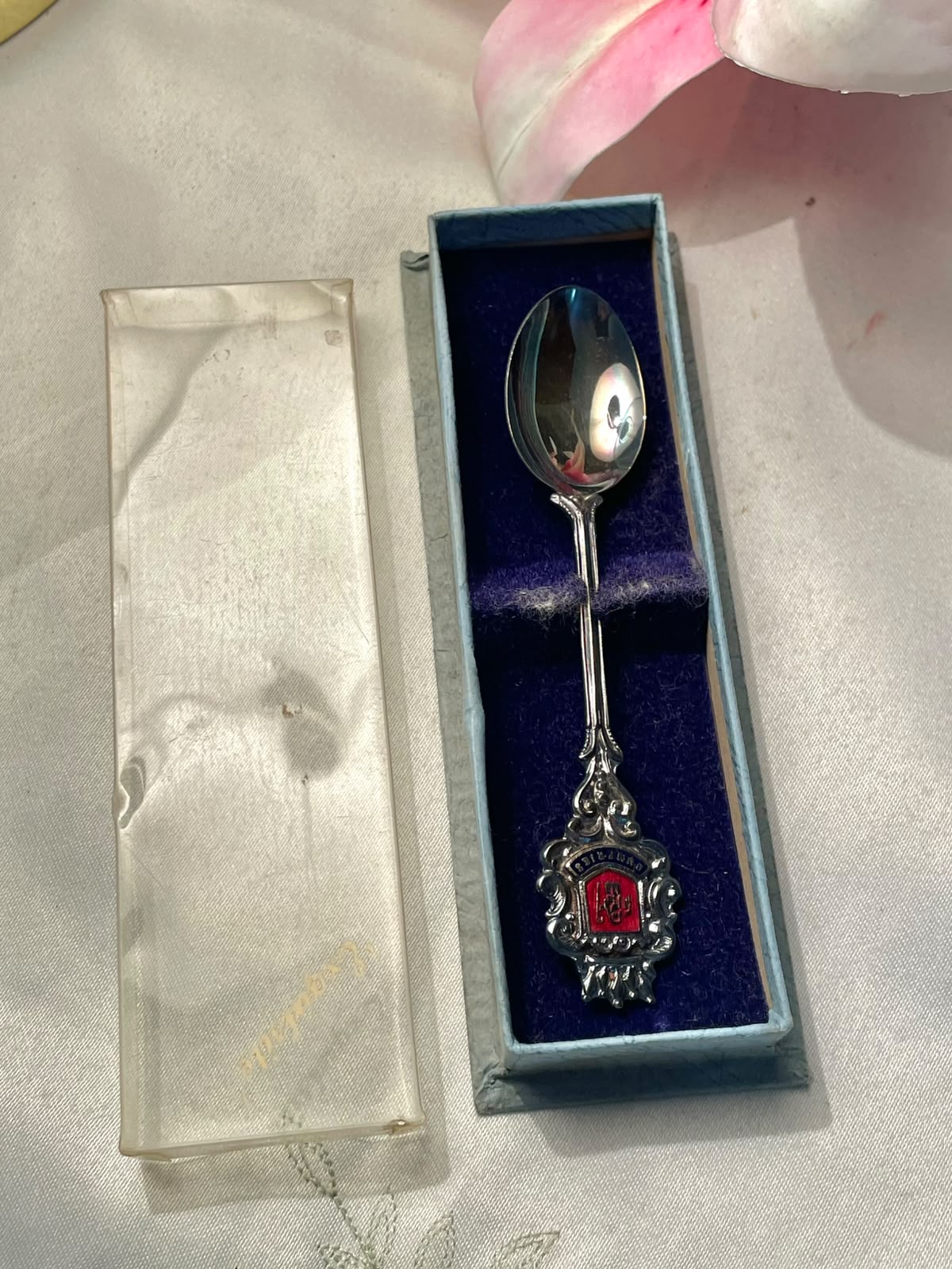 Toledo Spain Silver-Tone Souvenir Spoon with Red Enamel Crest & Box 4.3 in