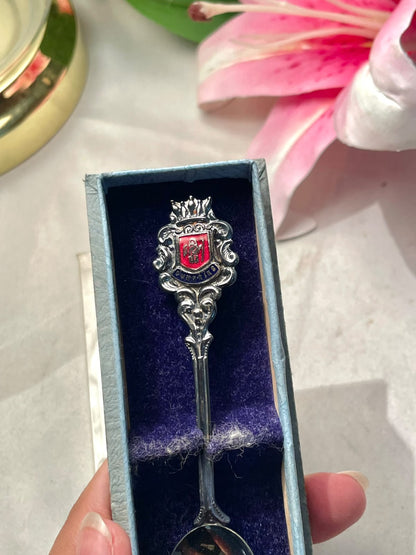 Toledo Spain Silver-Tone Souvenir Spoon with Red Enamel Crest & Box 4.3 in