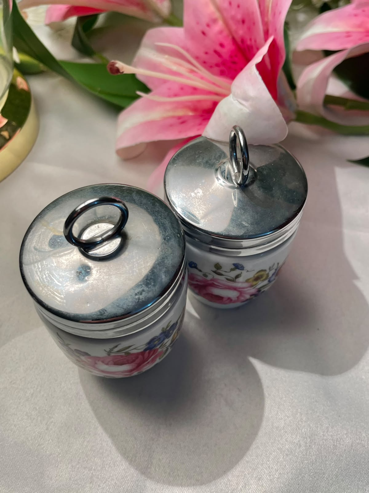 Floral Lidded Jar with Silver-Tone Lids (each)