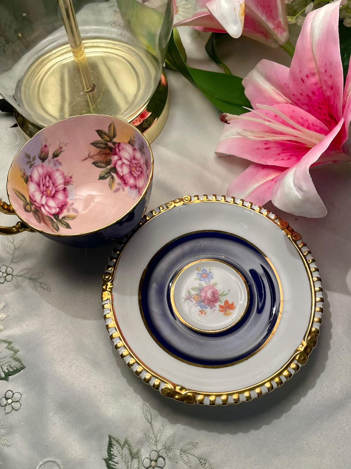 (Rare find) Aynsley Bone China Floral Cobalt Blue Cup & Saucer