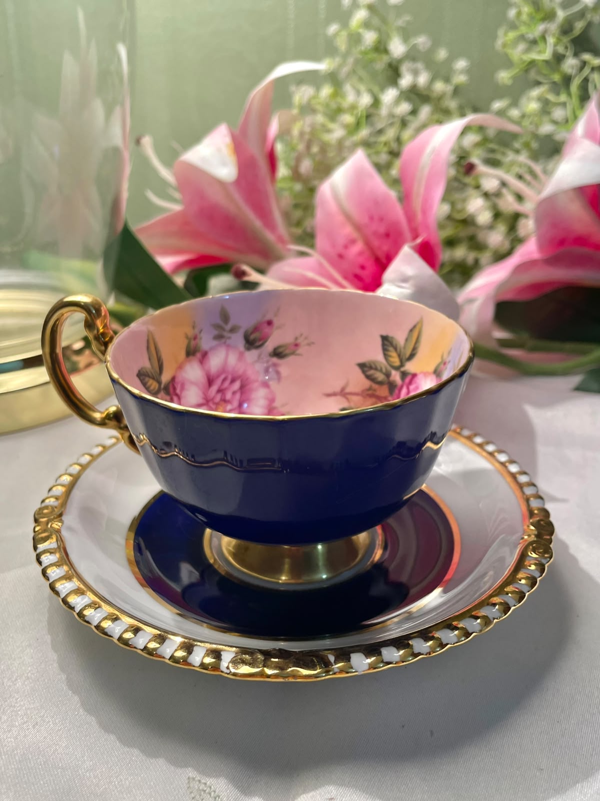 (Rare find) Aynsley Bone China Floral Cobalt Blue Cup & Saucer
