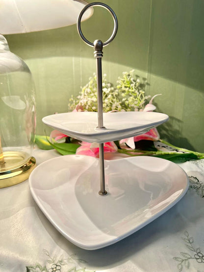 Next Love White 2 Tier Heart Shaped Serving Stand, White Ceramic Cake & Snack Tray