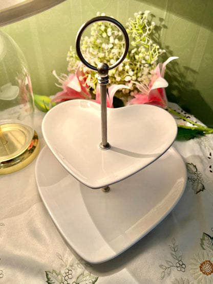 Next Love White 2 Tier Heart Shaped Serving Stand, White Ceramic Cake & Snack Tray