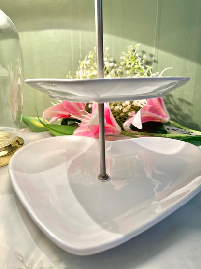 Next Love White 2 Tier Heart Shaped Serving Stand, White Ceramic Cake & Snack Tray