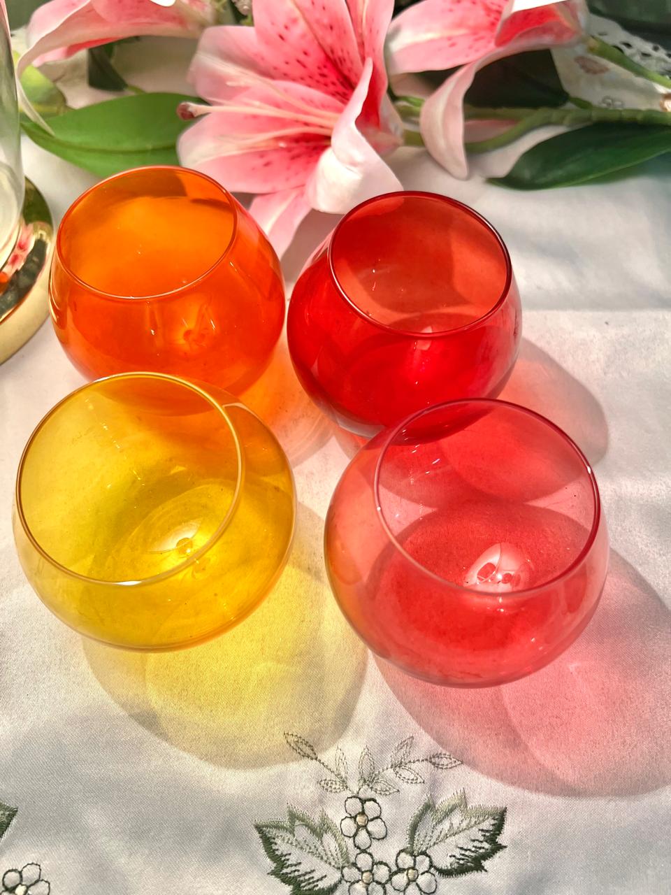 Set of 4 Vintage Coloured Glass Candle Holders , Orange & Red Rounded Drinking Glasses