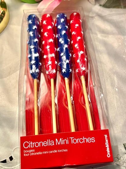 Crate & Barrel Set of 4 Citronella Mini Torch Candles – Red & Blue Star Design