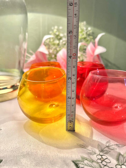 Set of 4 Vintage Coloured Glass Candle Holders , Orange & Red Rounded Drinking Glasses