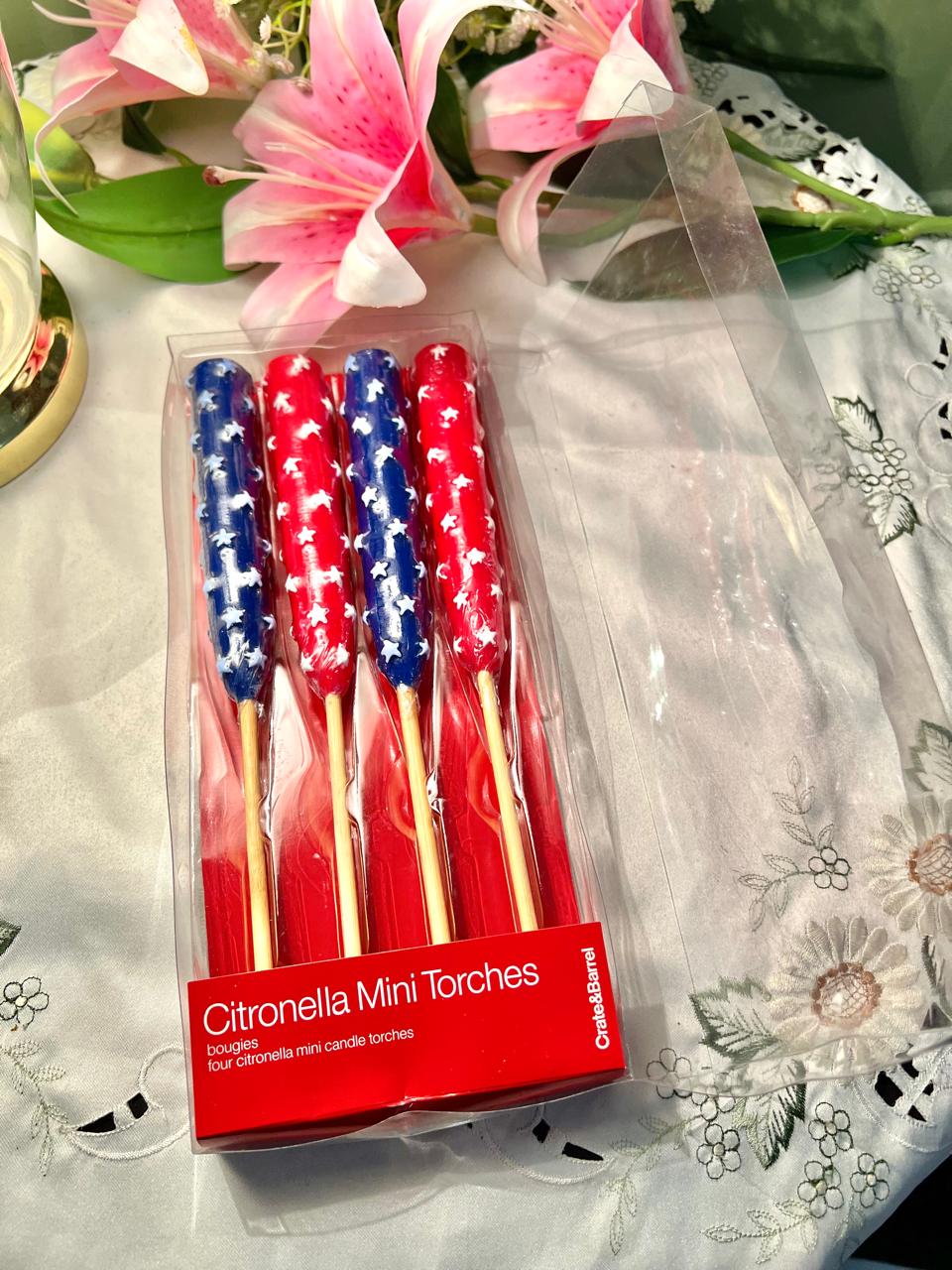 Crate & Barrel Set of 4 Citronella Mini Torch Candles – Red & Blue Star Design