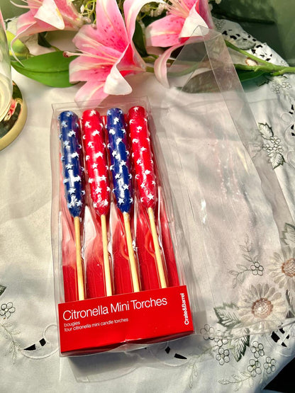Crate & Barrel Set of 4 Citronella Mini Torch Candles – Red & Blue Star Design