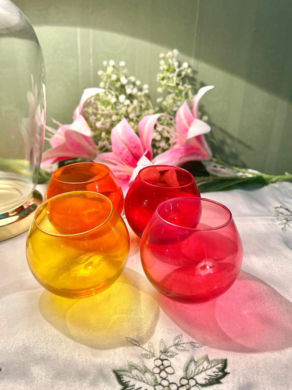 Set of 4 Vintage Coloured Glass Candle Holders , Orange & Red Rounded Drinking Glasses