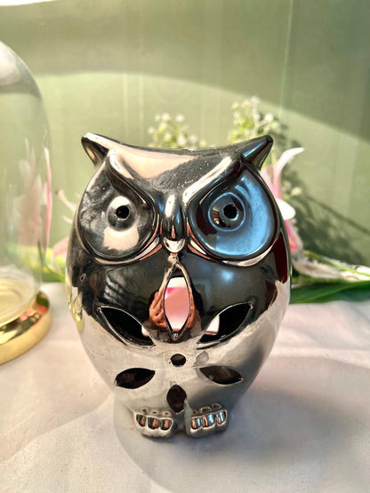 Silver Owl Tealight Candle Holder – Cut-Out Ceramic Decorative Lantern