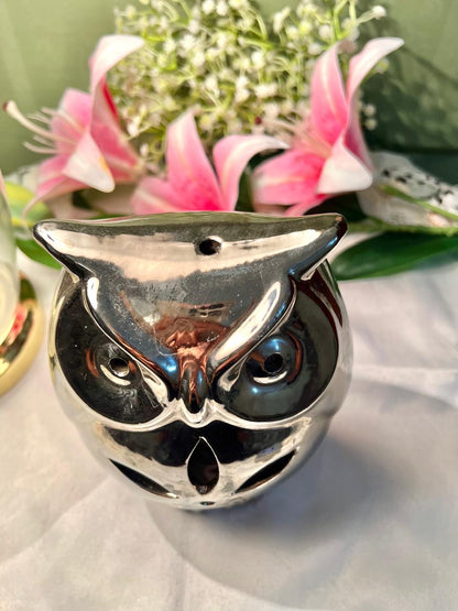 Silver Owl Tealight Candle Holder – Cut-Out Ceramic Decorative Lantern